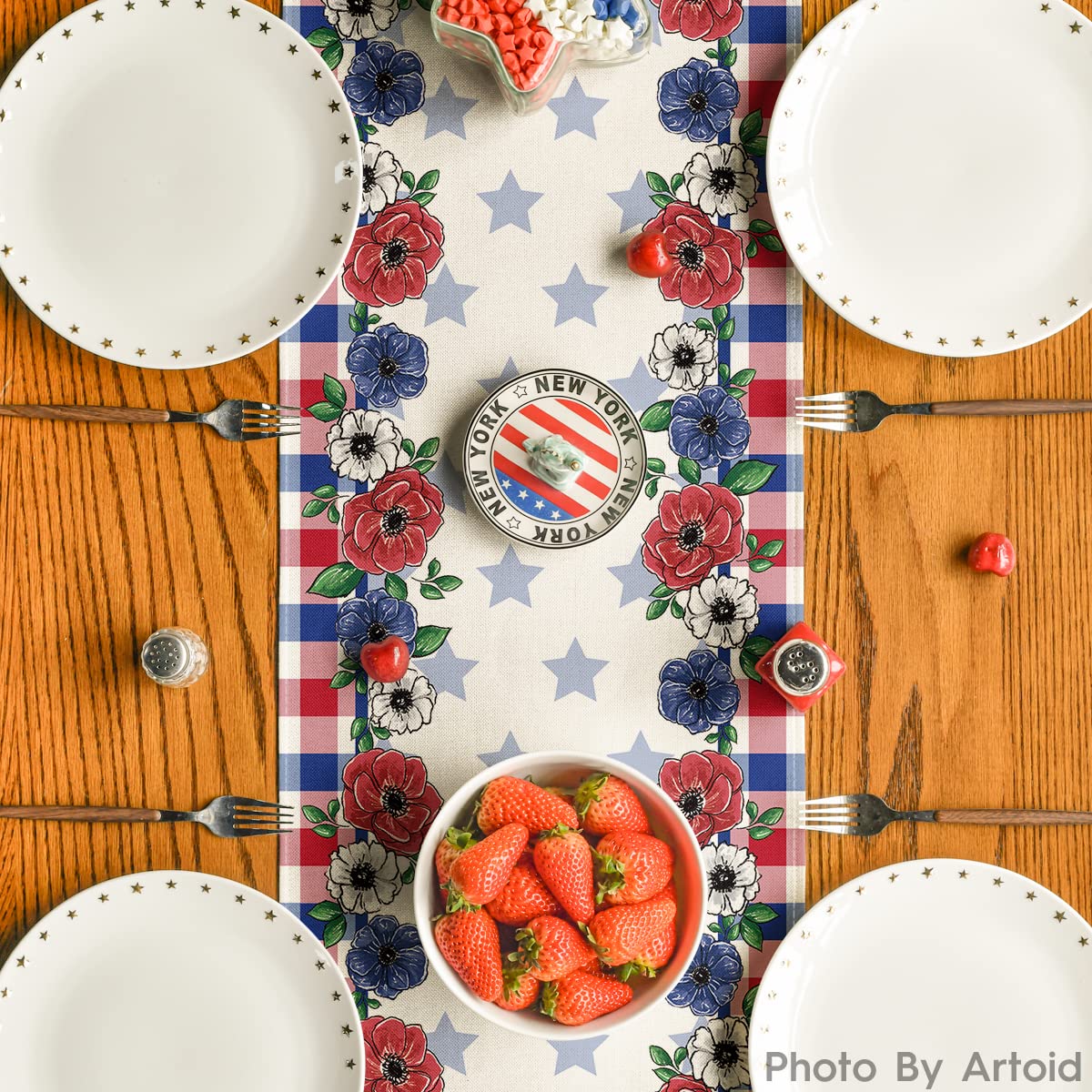 Artoid Mode Buffalo Plaid Vases Flowers Patriotic Memorial Day 4th of July Table Runner, Independence Day Holiday Kitchen Dining Table Decor for Home Party Decoration 13 x 72 Inch