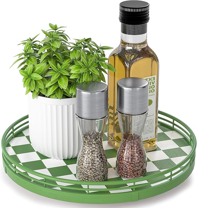 Premium Rubber Wood Lazy Susan Turntable, Green White Checkerboard Decorative Serving Tray, Hand-Welded Metal Railing, Stable Rotating Organizer for Dining Table, Kitchen Counter, Coffee Table Decor