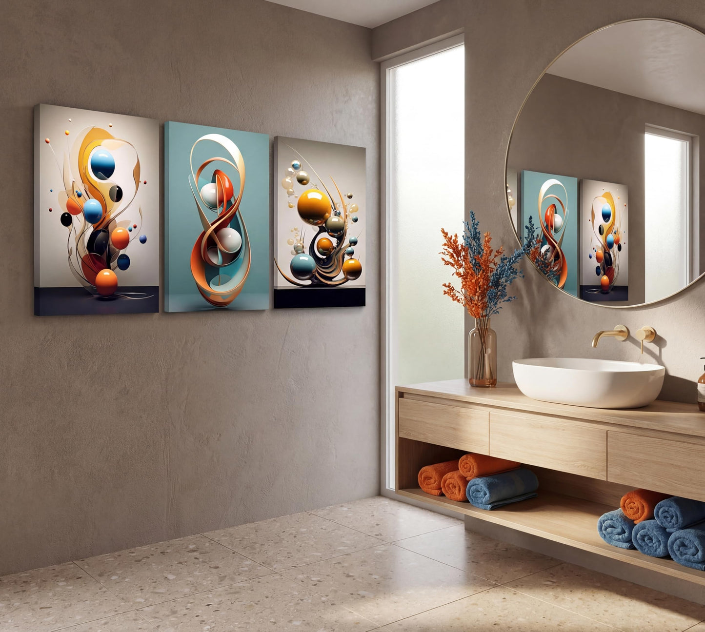 3pcs Modern Abstract Canvas Wall art Three-Dimensional Geometric Spheres Wall Decor Pictures Minimalist Medieval Posters Prints for Living Room Bedroom Office Home decorate Prepare to hang