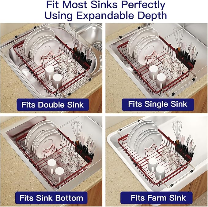 MAJALiS Red Dish Drying Rack Over The Sink, Expandable Stainless Steel Dish Drainer for Small Kitchen Counter Space Saving, RV Compact Plate Strainer in Metal with Hanging Adjustable Utensil Holder