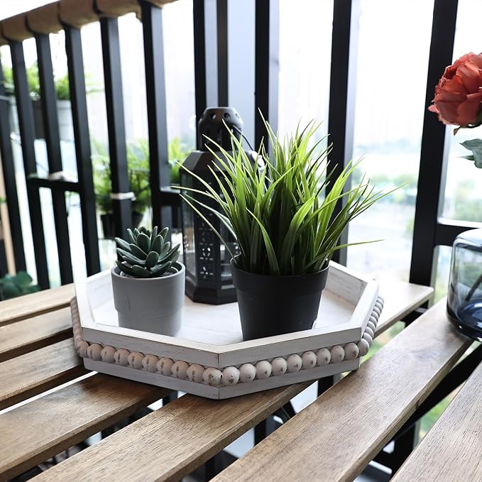 Hrastany Whitewashed Octagonal Wood Decorative Tray, Small Farmhouse Wooden Serving Tray with Beads, Versatile Shabby Chic Coffee Table Tray for Kitchen Counter, Ottoman, Living Room