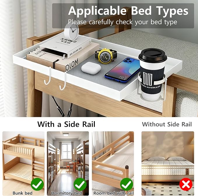 Metal Bedside Shelf for Dorm Room Bunk Bed & Top Bunk, Dorm Room Essentials, Bed Side Table Tray Organizer (White)
