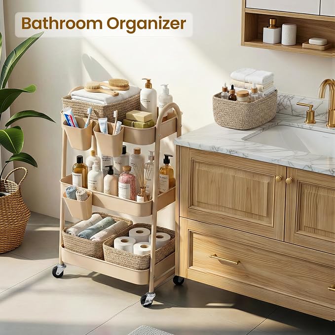 3-Tier Rolling Utility Cart with 4 Woven Baskets, Diaper Book Snack Cart, Storage Organizer for Nursery, Kitchen, Craft Room, Home SPA, Living Room, Metal Frame Trolley on Lockable Wheels, Brown