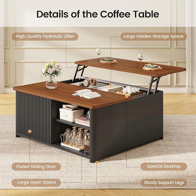 SEDETA 31.5" Lift Top Coffee Table with Storage, Square Coffee Tables for Living Room, Fluted Coffee Table with Large Hidden Storage Compartment and Adjustable Shelves, Fluted Black