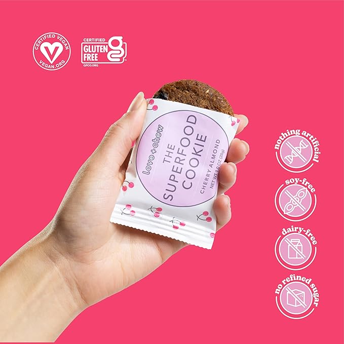 Love + Chew Soft Baked Protein Cookies, Gluten Free | (18) Count Cherry Almond Minis | Vegan, Paleo, Non GMO and Packed with Superfoods. - Individually Wrapped, and Made from High Protein Almonds - (1) Ounce Cookies
