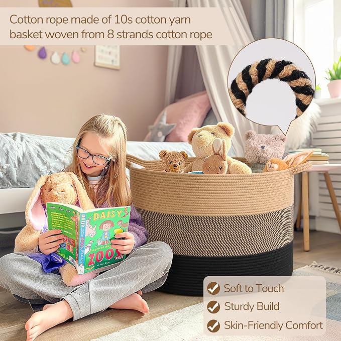 INDRESSME 115L Extra Large Blanket Basket for Apartment Décor, Woven Baby Laundry Hamper Shoe Basekts for Entryway, Wicker Storage Basket for Organizing, Camel Mix & Black