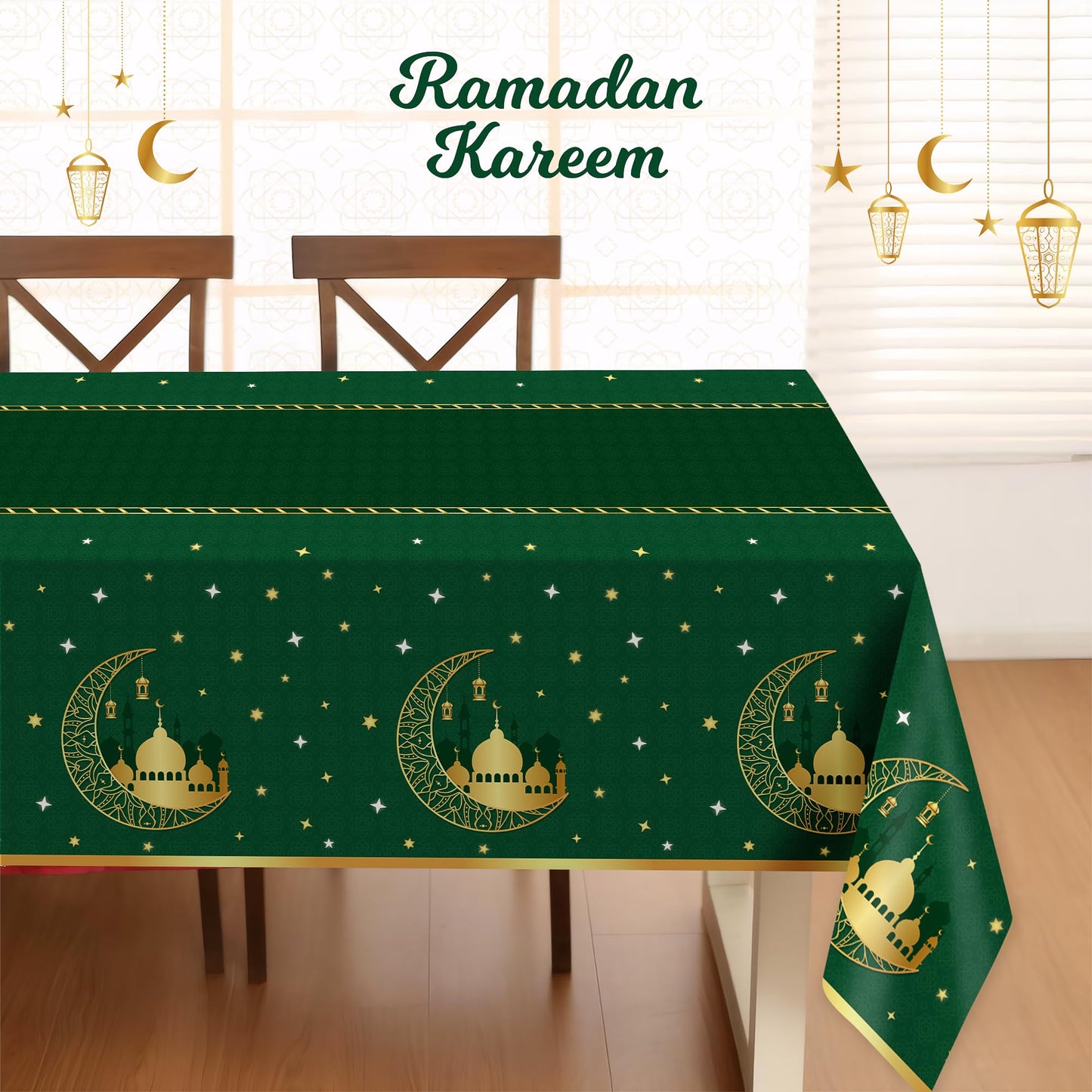 Childom 3 Pack Ramadan Table Cloth,Ramadan Decorations for Home,54" x 108" Eid Mubarak Decorations,Eid Ramadan Tablecloths Rectangular,Green Plastic Table Cloth Disposable Table Cover for Party Favors