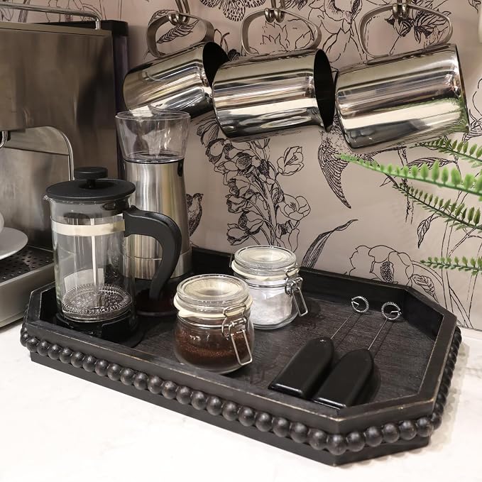 Hrastany Wood Rustic Serving Tray with Beads, Farmhouse Vintage Black Decorative Tray for Table Centerpiece, Christmas Wedding Halloween Home Decor