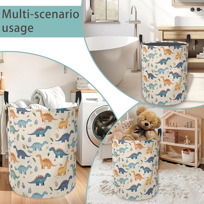 Laundry Basket With Handle, Dirty Clothes Laundry Hamper, Oxford Cloth Bin Storage Organizer for Toy Collection (Cute Dinosaur)