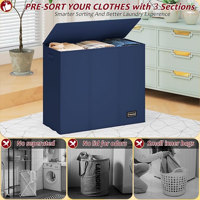 195L Laundry Hamper 3 Section,Large Laundry Hamper with Lid,Dirty Clothes Hamper with 3 Inner Bags,Collapsible Laundry Basket Organizer for Laundry Room,Laundry Sorter Hamper 3 Compartment(Blue)