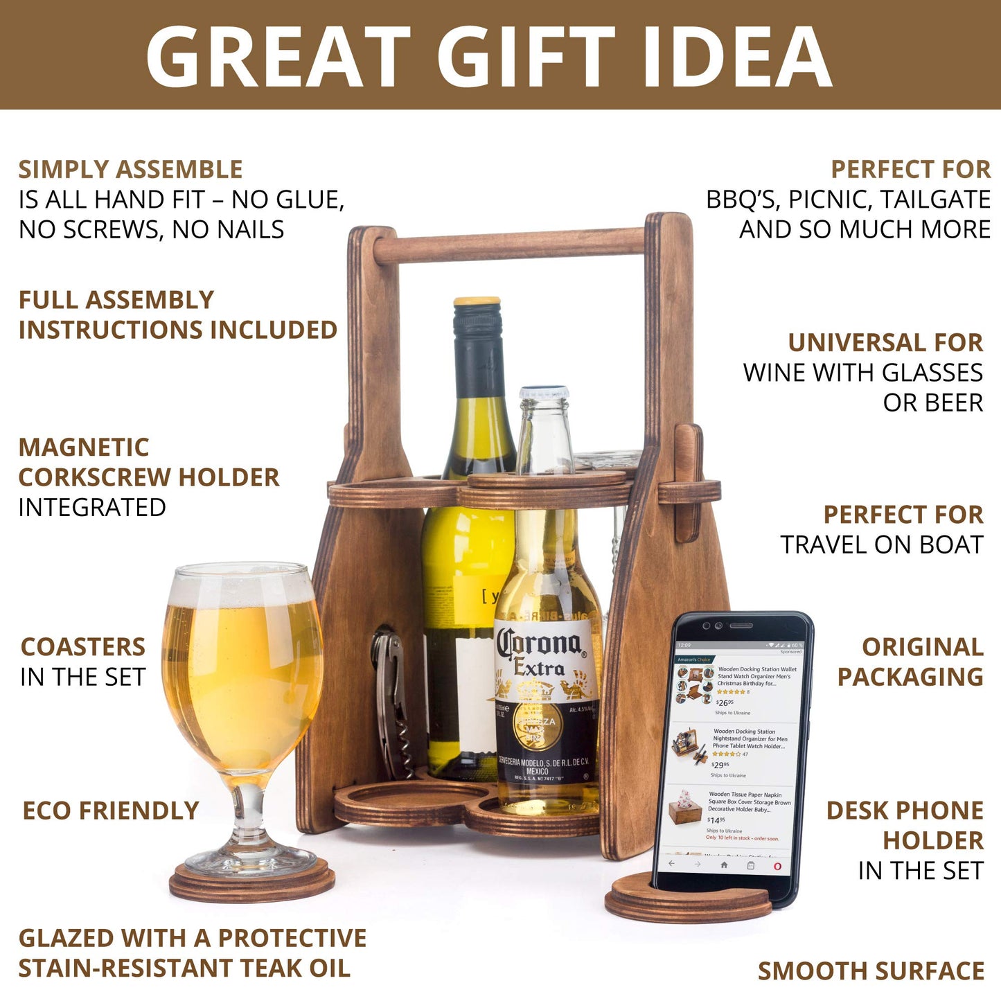 ROSTMARYGIFT Wood Wine Bottle and Glasses Caddy - Beer Carrier - Drinking Desk Accessories - Men's Organizer - Glass Tray Holder - Storage Stand - Drink Holder for Beer