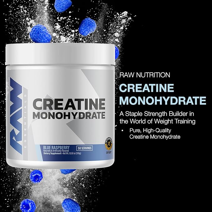 RAW Nutrition Creatine Monohydrate Powder, Blue Raspberry (30 Servings) - Micronized Creatine Monohydrate Supplement for Workout Performance, Build Muscle & Strength - Creatine Powder for Men & Women