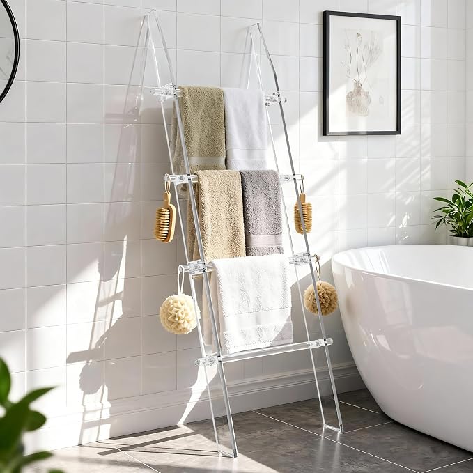 MESAILUP Blanket Ladder 5.6FT for Bathroom, 4 Tier Modern Decor Waterproof Blanket Holder for Living Room and Bedroom, Easy Assembly Clear Acrylic Ladder Shelf, Leaning Quilt Rack with Anti Slip Pads