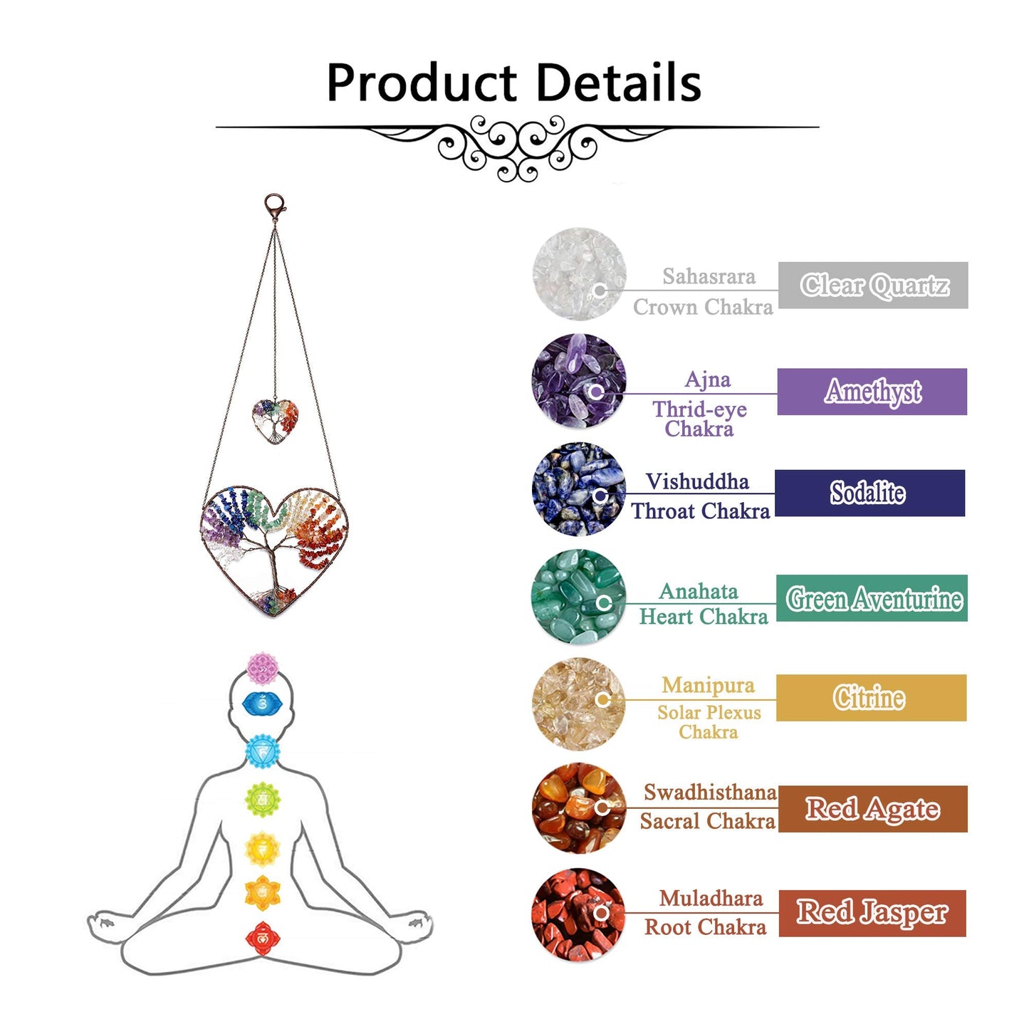 JOVIVI Double Heart Tree of Life Hanging Ornament 7 Chakra Reiki Healing Crystals Stones Gemstone Meditation Window Wall Hanger for Feng Shui Yoga Home Indoor Decor