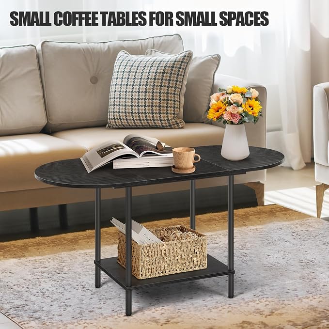Black Coffee Tables for Living Room,Mid Century Oval Small Center Table with Storage Shelf and Wood Tabletop,2-Tier Farmhouse Low Cocktail Tea Table for Small Space,Apartment