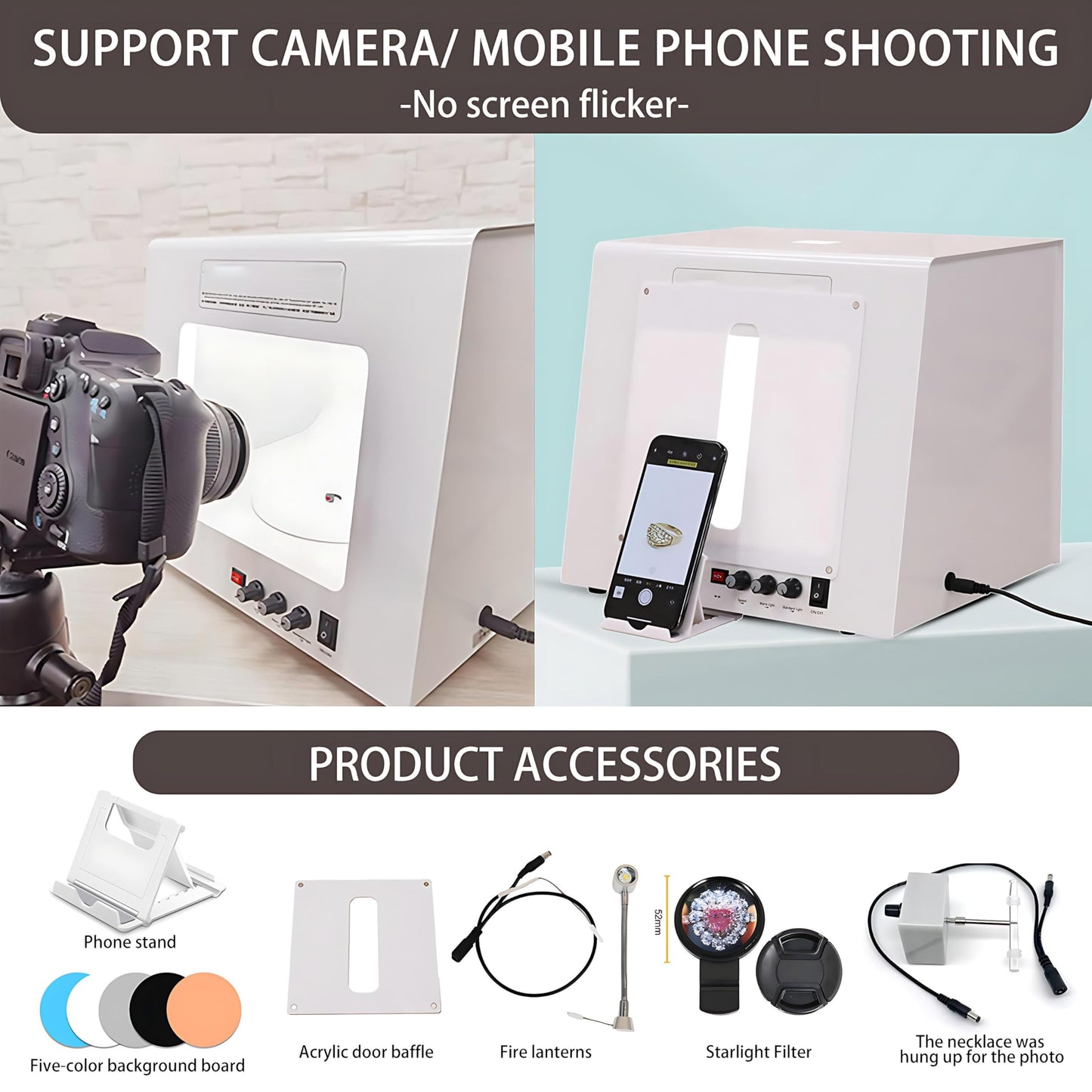 QIUNAOZI Adjustable Turntable Premium Photo Studio, Professional Jewelry Photography Light Box Kit, Hanging Bracket, 4pcs Fill Lights, Adjustable Brightness, for Jewelry, Small Items White-TB30