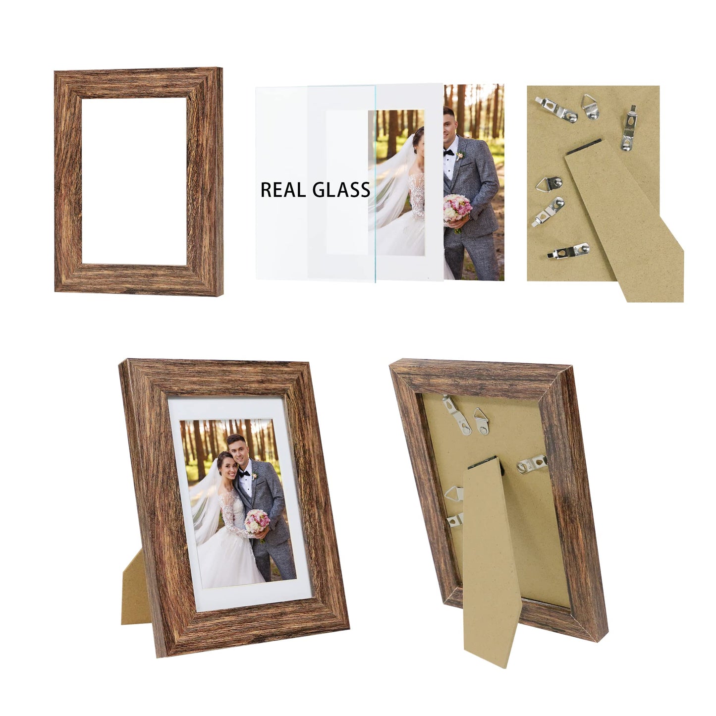 Hongkee 5x7 Picture Frame Set of 2, Made of Real Glass and Rustic Brown Wooden Frame - Display Pictures 4x6 with Mat or 5x7 Without Mat, 5 by 7 Photo Frame for Wall or Tabletop Display