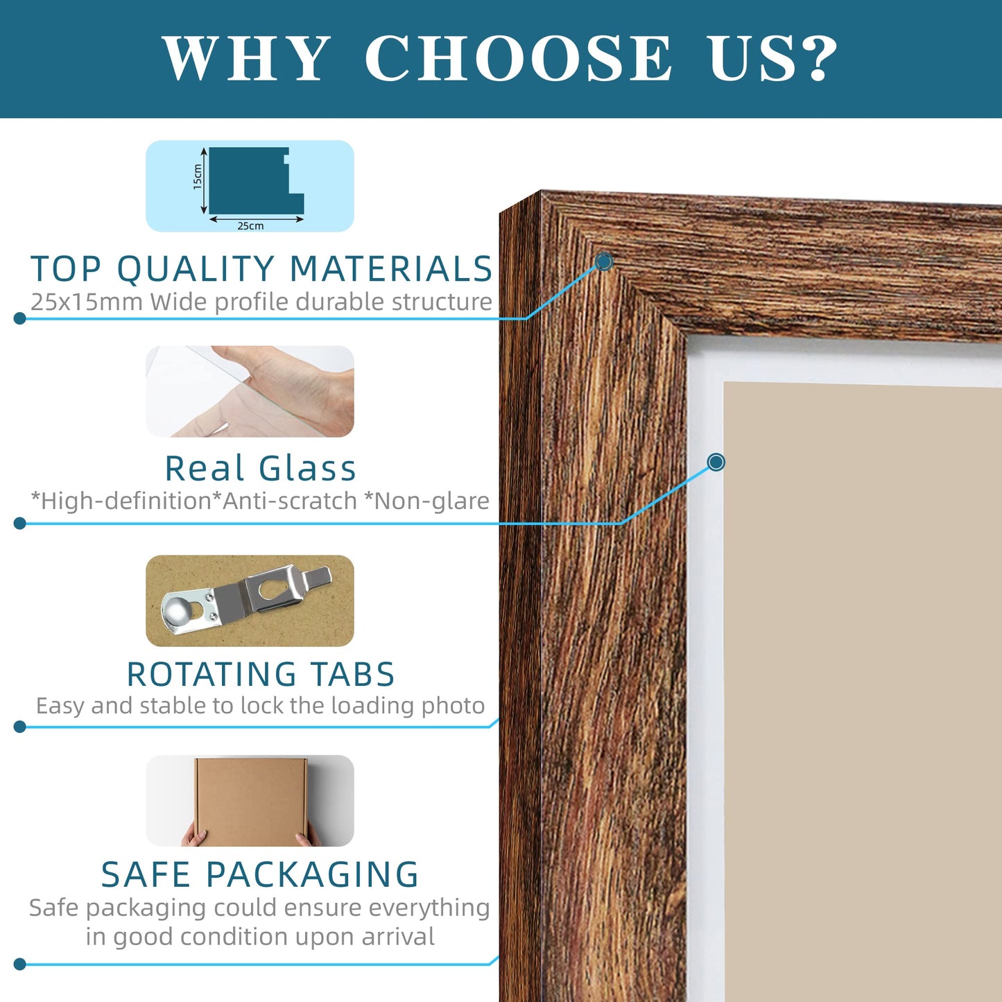 Hongkee 5x7 Picture Frame Set of 2, Made of Real Glass and Rustic Brown Wooden Frame - Display Pictures 4x6 with Mat or 5x7 Without Mat, 5 by 7 Photo Frame for Wall or Tabletop Display