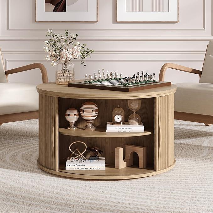 JOINICE 31.5" Round Lift Top Coffee Table,Natural Oak Modern Fluted Drum Center Table with Hidden Storage, Japandi Scandi Wood Circle Desk for Boho Living Room & Apartment