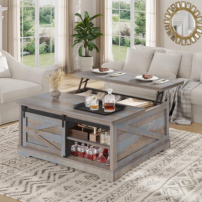 Itaar 39.4'' Lift Top Coffee Table with Storage, Farmhouse Coffee Tables for Living Room, Square Coffee Table with Large Hodden Compartment & 2 Drawrs & Adjustables Shelves (Blue)