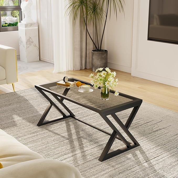 Wolawu Coffee Table Grey Glass Coffee Table for Living Room,Modern Rectangular Center Table with Sturdy Metal Frame,Tempered Glass Tables for Bedroom Home Office