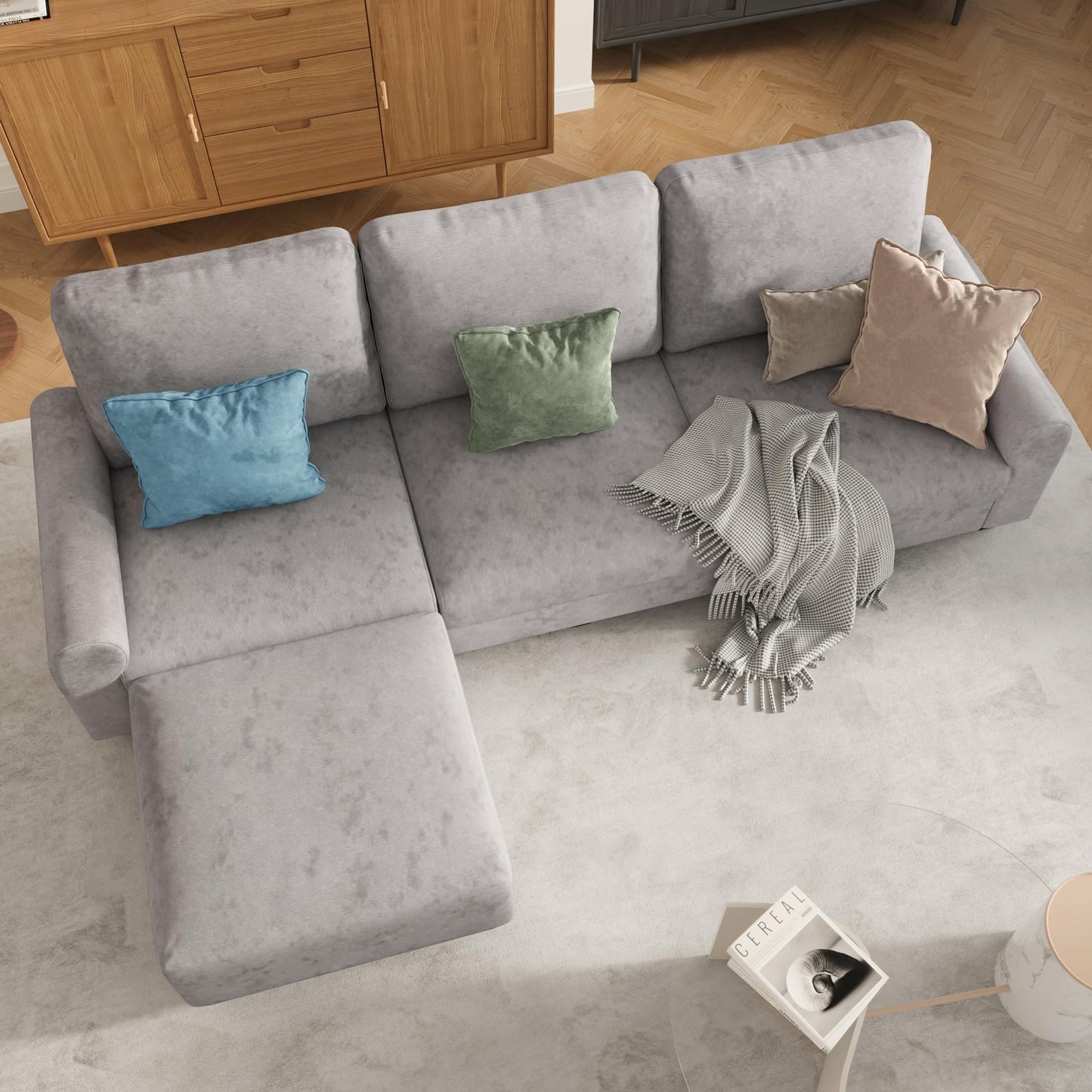 EASE MOOSE Large Seat Velvet L-Shaped Sofa, Soft 4 Seat Couch with Reversible Chaise, Comfy Sectional Modular Sofa with Removable Washable Covers for Living Room and Small Space, Grey