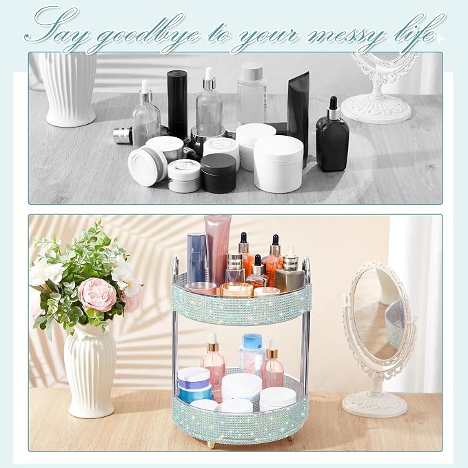 Honeydak 360 Rotating Perfume Organizer Gift for Women, Rhinestone Preppy Skincare Organizer Bathroom Counter Makeup Holder Skincare and Perfume Storage for Cosmetic(2 Tiers,Resin Diamond,AB Color)