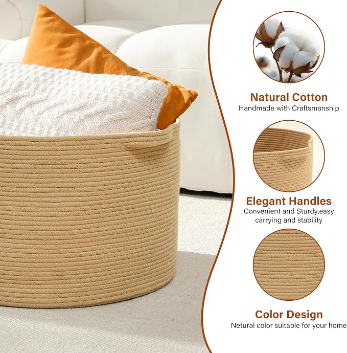 Foldable Laundry Hamper Basket with Collapsible Handle Cotton Rope Soft Woven Fabric Storage Organizer Clothes Toys Nursery Bedroom Dorm Space Saving Bin (Camel, 65L(19.7"D x 12.6"H))