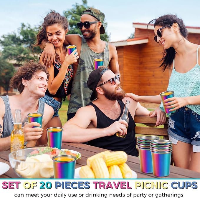 Mimorou 20 Pack 8 oz Stainless Steel Pint Cups Metal Cups Unbreakable Drinking Water Tumblers Stackable Tumbler for Adults Bar Home Restaurant Travel Picnic Camping Outdoor (Rainbow)
