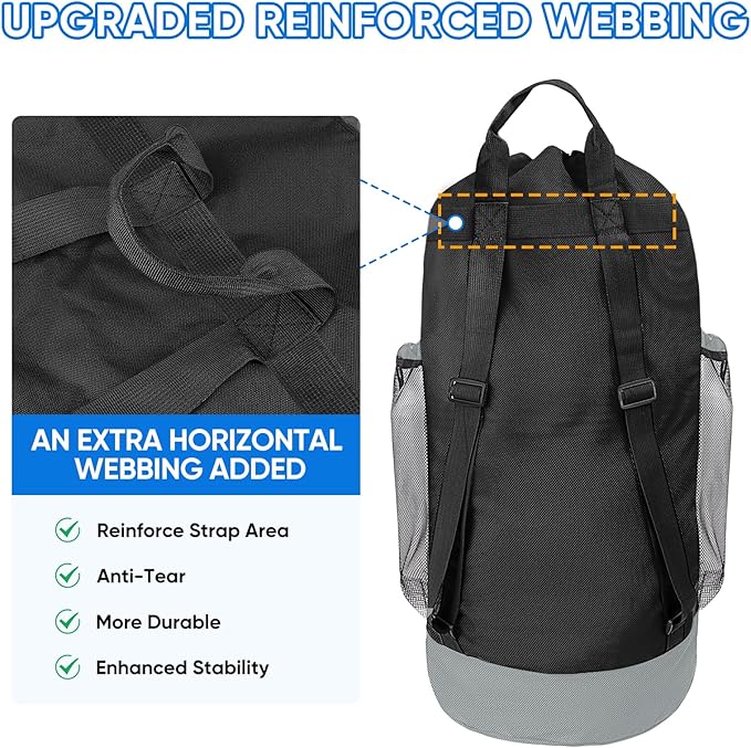BALEINE 120L Laundry Bag Backpack, 900D Oxford Fabric Large Travel Laundry Bags with Shoulder Straps and 2 Mesh Pockets for College Dorm, Apartment, Laundromat (Black, 120L)