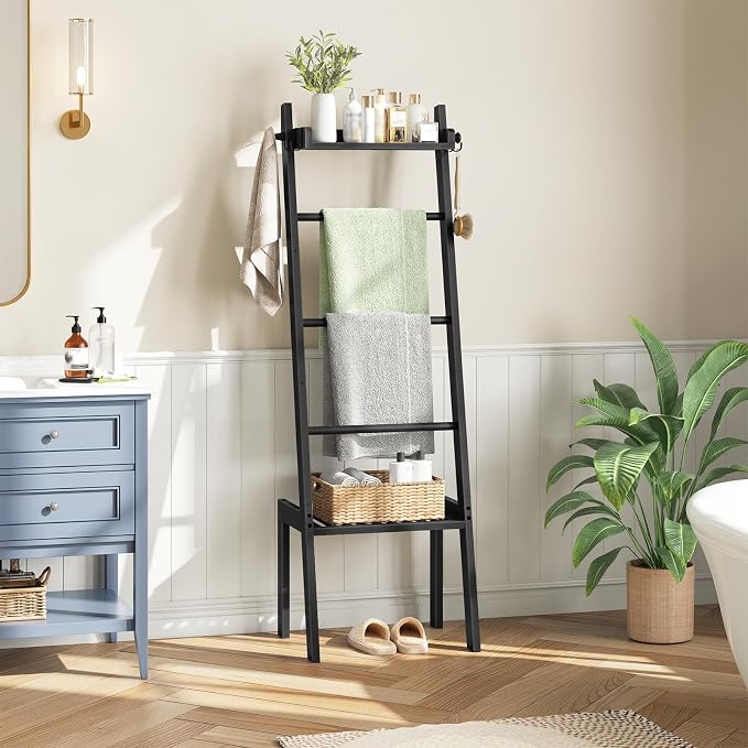 HOOBRO Blanket Ladder, 5 Tier Bamboo Ladder Shelf, Blanket Ladders for Living Room and Bedroom, Farmhouse Blanket Holder Rack for Storage and Home Decor, Decorative Towel Rack, Black BK91CJ01G1