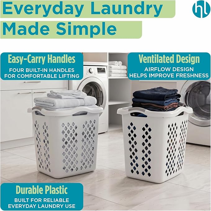 Home Logic 2 Bushel Plastic Laundry Basket Lamper, Large Laundry Hamper with Handles, Ventilated Clothes Organizer for Bedroom Bathroom Closet, 6 Pack, White