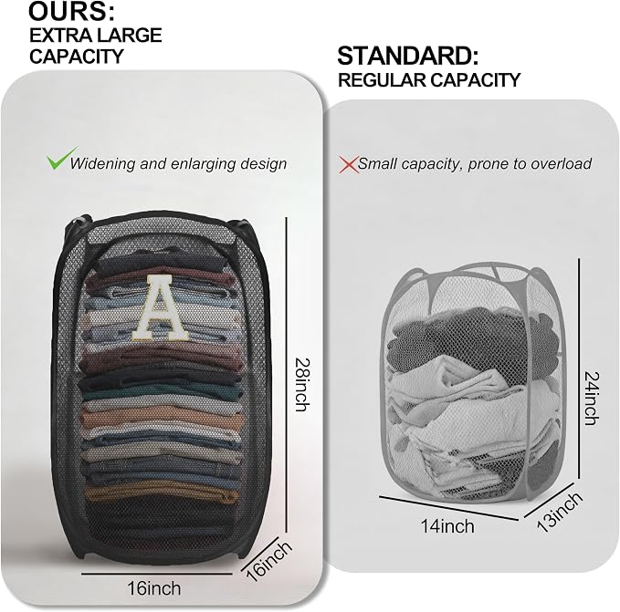 Collapsible Pop Up Laundry Hamper, Extra Large with Removable Initial Letter A, Mesh Foldable Laundry Basket, 28" x 16" x 16" (Black)