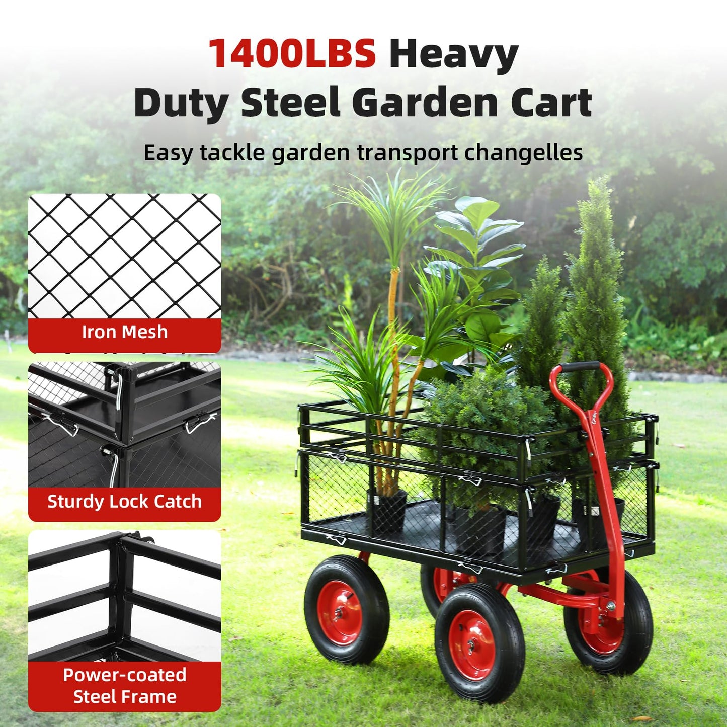 1400 LBS Steel Garden Yard Cart, Heavy-Duty Metal Garden Wagon Convertible 2-in-1 Handle and Removable Sides to Convert into Flatbed Lawn and Utility Wagons Cart