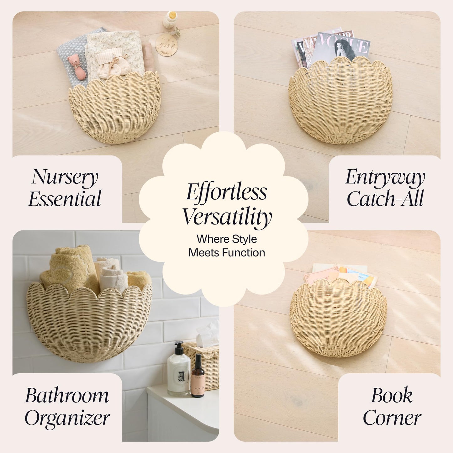 BEBE BASK Scalloped Wicker Wall Basket - The Original - Hand Woven Basket - Scalloped Décor Wall Hanging Baskets -16" x 10" x 7"In - Hanging Wall Basket (Natural)