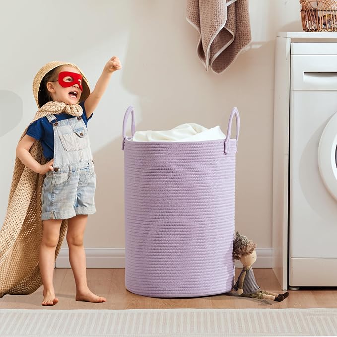 60L Large Purple Laundry Hamper Basket for Nursery Kids Tall Lavender Blanket Basket for Girls Cotton Rope Lilac Clothes Hamper in Bedroom 15Dx20H inches
