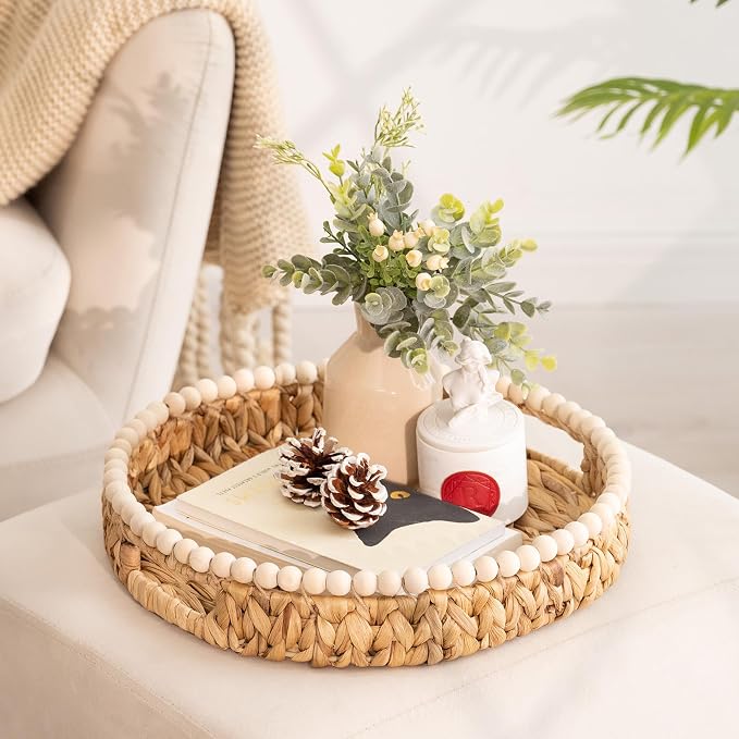 StorageWorks Round Decorative Trays for Home Decor Farmhouse, Wicker Coffee Table Tray Decor with Wooden Beads and Handles, Woven Dining Room Decor Tray for Kitchen Counter,Living Room,Bedroom