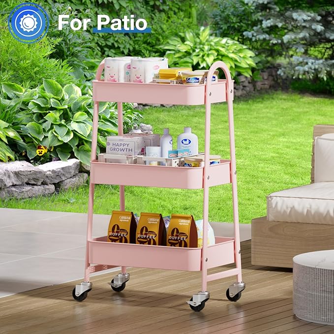 OLIXIS Metal 3 Tiers Utility Rolling Cart, Mobile Storage Shelf with Lockable Caster Wheels, Organization for Livingroom, Bathroom & Narrow Places, Pink