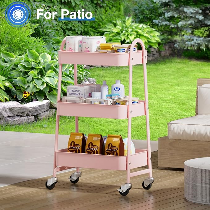 OLIXIS Metal Utility Cart, Mobile Rolling Storage Shelf with Lockable Caster Wheels, Organization for Livingroom, Bathroom & Narrow Places, 3 Tiers Pink