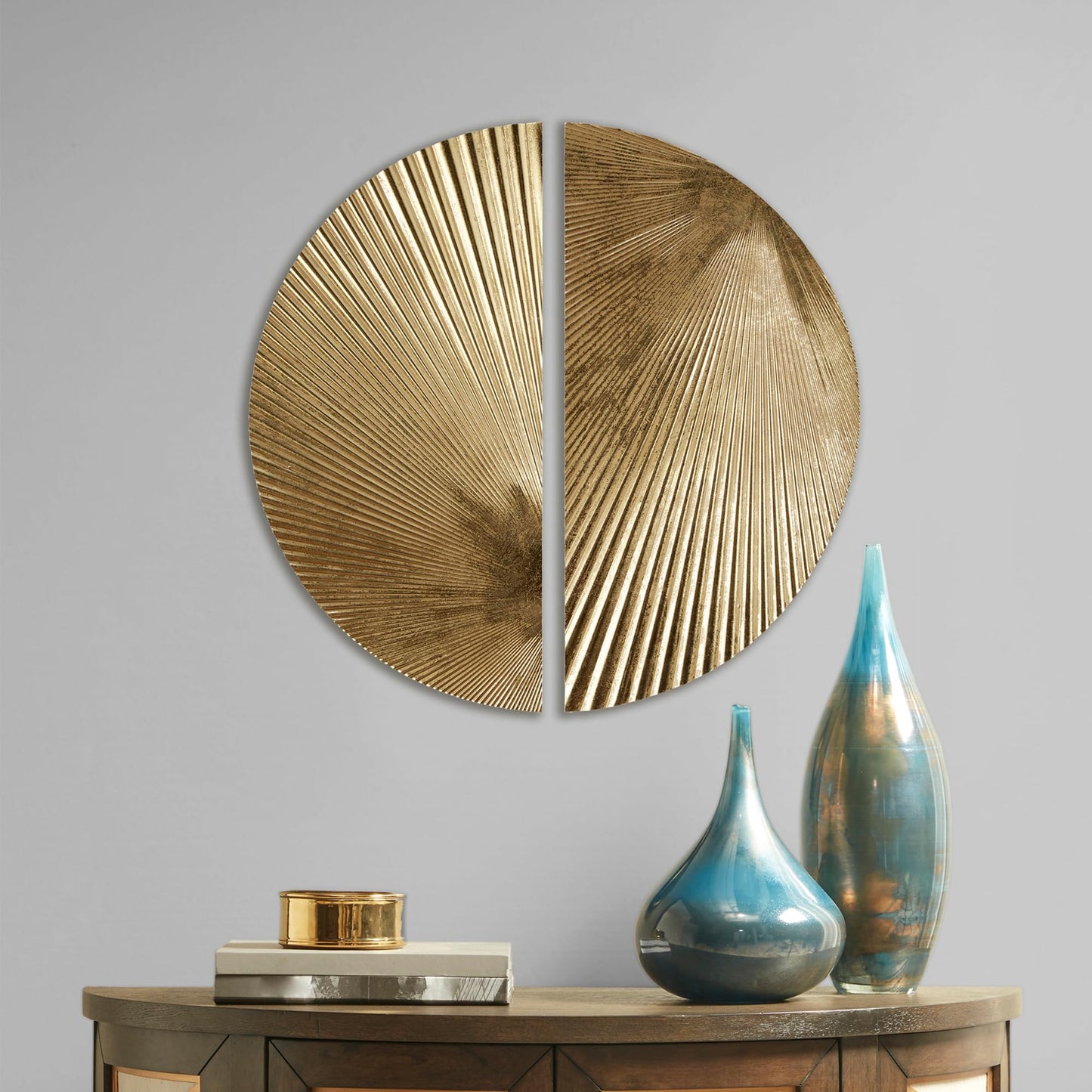 Madison Park Metal Gold Leaf Wall Décor, Modular Half Moon Design, Endless Arrangements, Dimensional Wall Art, Ready To Hang Modern Gold Accent Room Décor, 13.75"W x 27.50"H x 0.50"D Gold 2 Piece