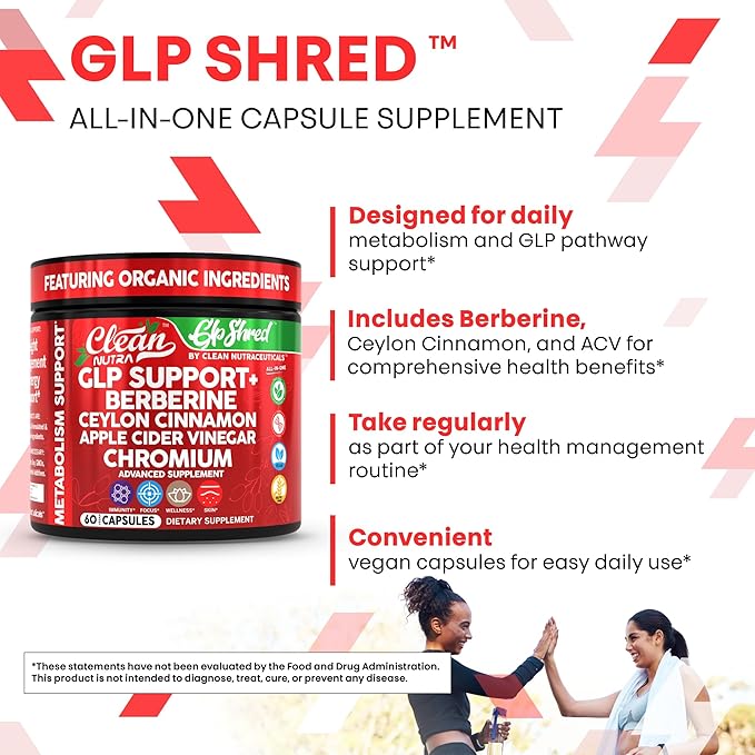 GLP1 Supplement Berberine Ceylon Cinnamon Apple Cider Vinegar Chromium Turmeric PCOS Supplements Immunity & Metabolism Support 60 Vegan Capsules by Clean Nutra