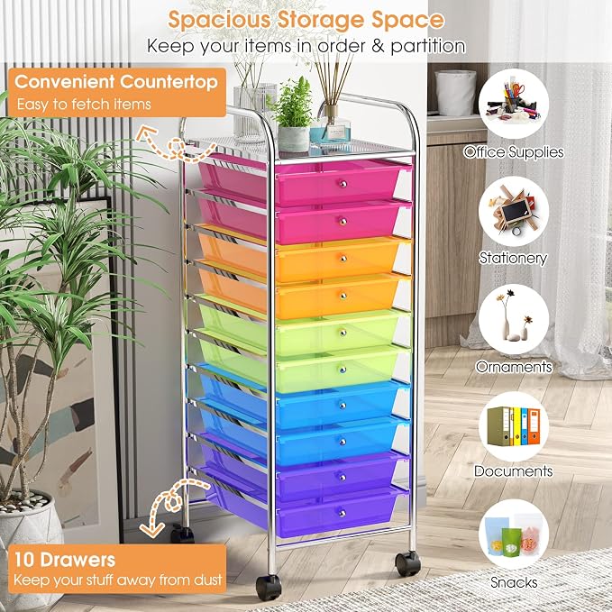 MEDIMALL 10 Drawers Rolling Storage Cart, Multipurpose Craft Storage Cart with Wheels, Mobile Tools Scrapbook Paper Organizer Cart for Office School Home Use (Rainbow)