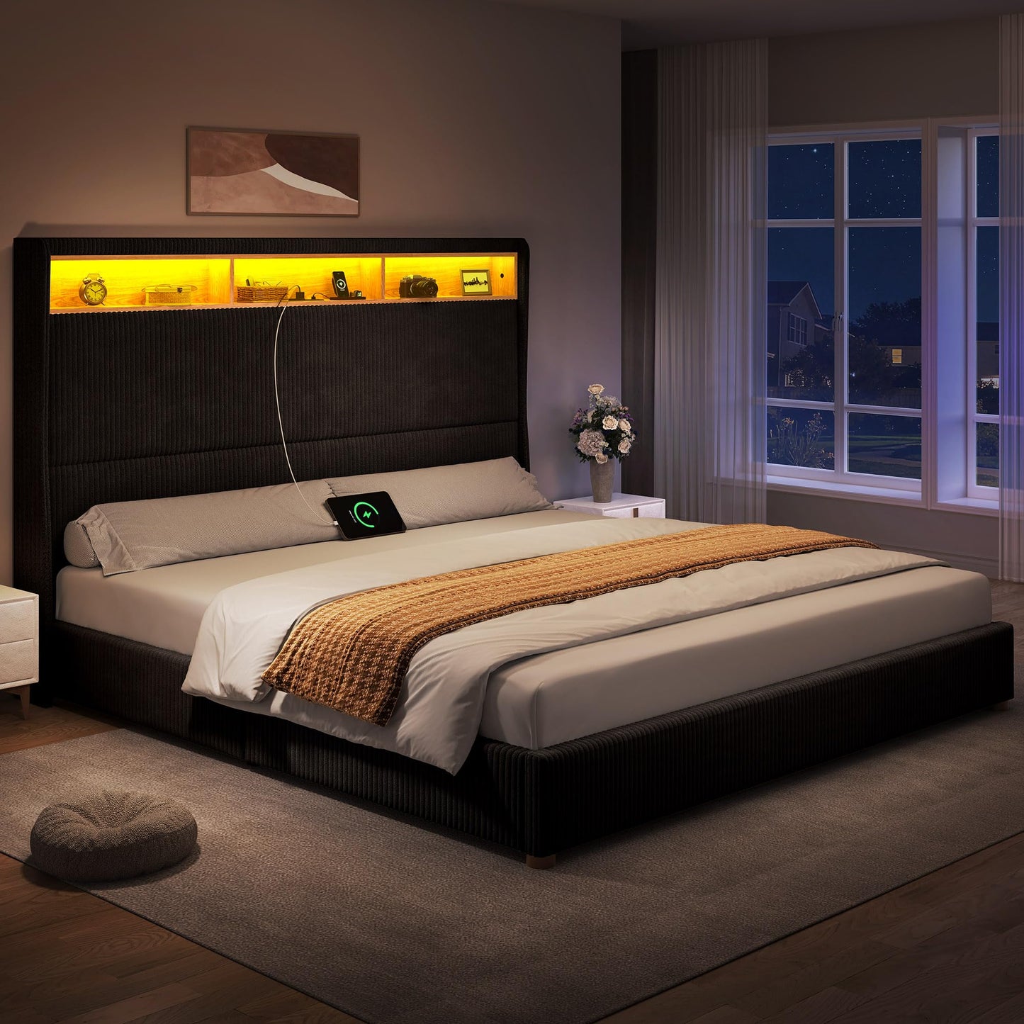 DWVO King Size Corduroy Upholstered Platform Bed Frame with Charging Station and RGB LED Lights, 53’’ Tall Storage Wingback Headboard, No Box Spring Needed, Easy Assembly, Noise-Free, Black