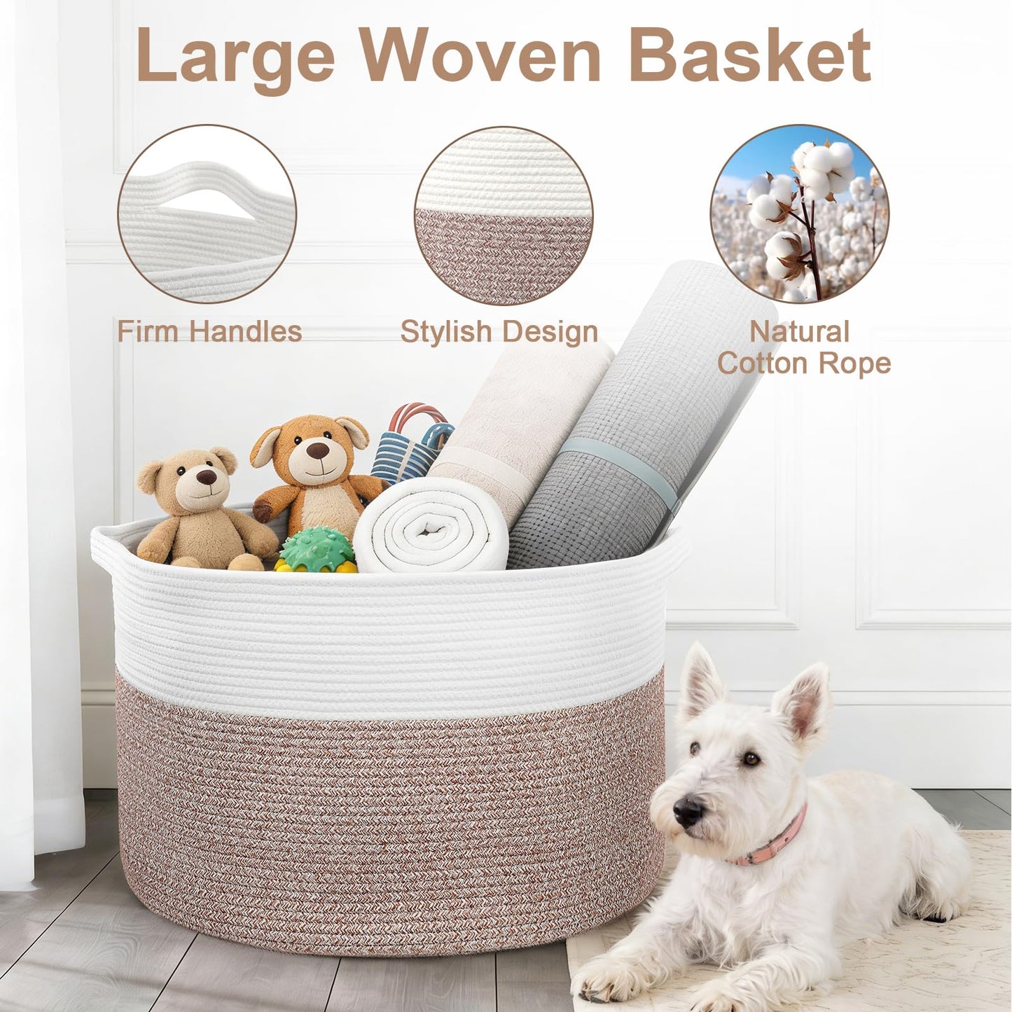90L Extra Large Blanket Basket for Living Room - Cotton Rope Laundry Hamper Woven Baskets XXL Storage Bin with Handles for Dirty Clothes, Kids, Pets, Toys, Bedroom, 23'' x 23'' x 13'', White & Brown