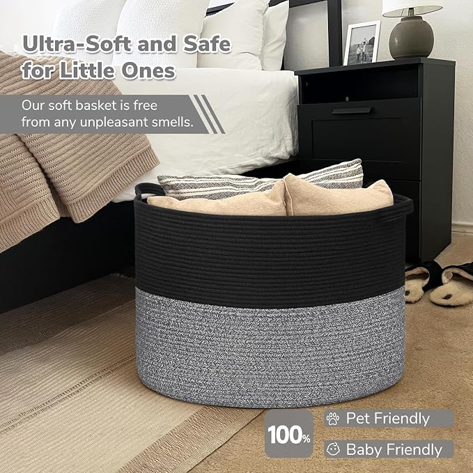 INDRESSME 115L Extra Large Cotton Rope Blanket Basket, Woven Basket for Toy Storage Organizer & Laundry Toy Box for Living Room Area & Nursery Room, Black & Grey