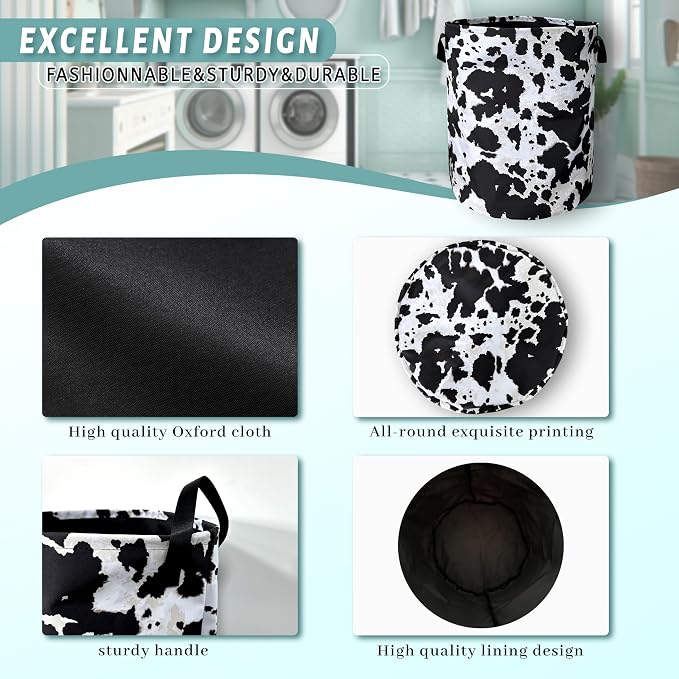 Retro Black White Cows Print Laundry Basket Foldable With Handles CowTote Bag Oxford Cloth Animal Laundry Hamper Clothe Storage Bucket Toy Organizer 18.9"x16.5"For Bathroom/Laundry/Bedroom