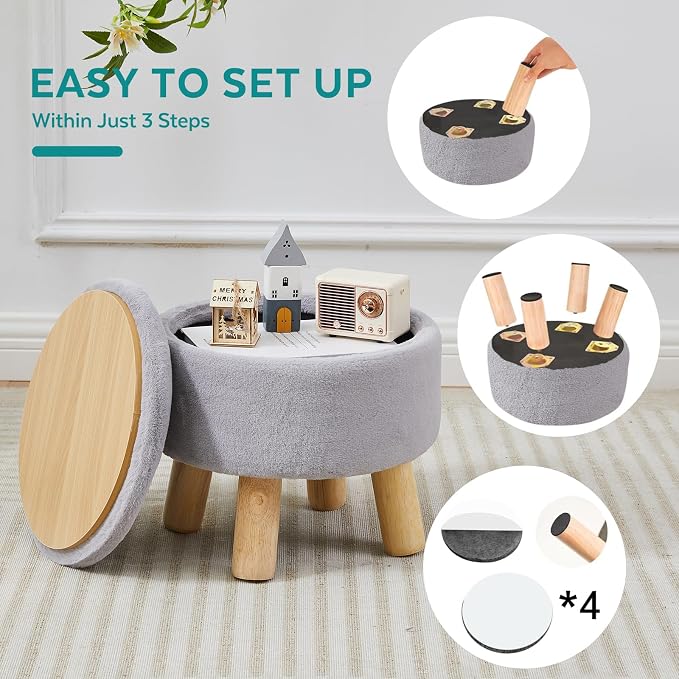 Small Foot Stool Ottoman with Storage, Soft Faux Fur Ottoman Foot Rest for Couch, Round Footstool with Storage, Small Ottomans and Footstools for Living Room and Entryway (Gray)