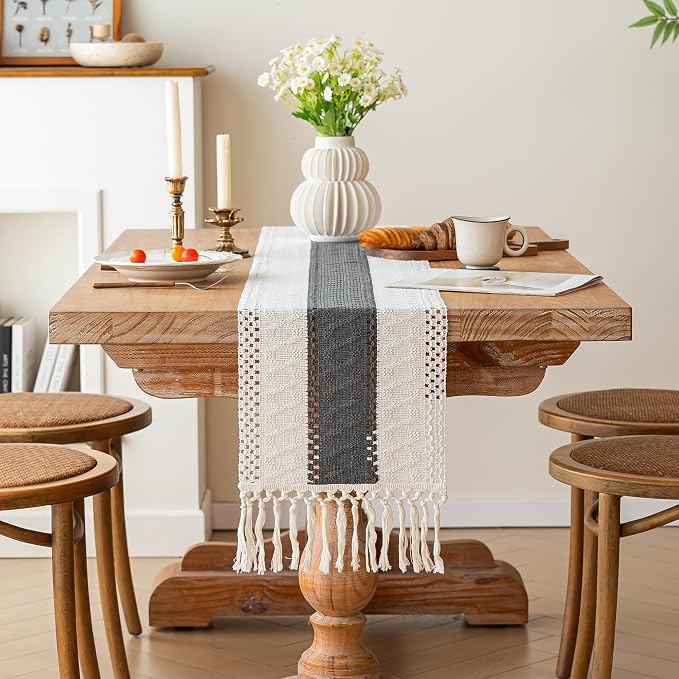 FEXIA Boho Table Runner for Summer Home Decor with Tassels 108 Inches Long Farmhouse Grey Rustic Burlap Table Runner Macrame Table Decoration for Kitchen Bedroom Living Room (12x108 Inches)