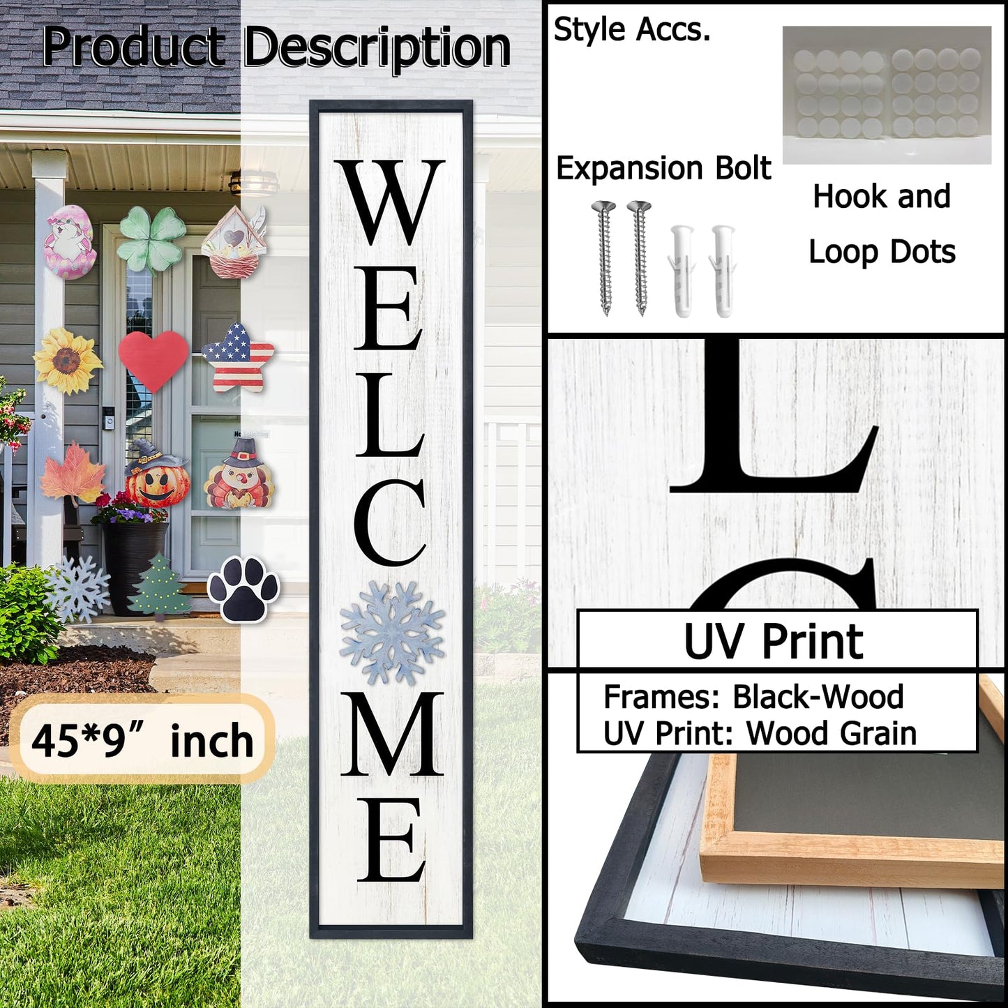 Aurapeak Interchangeable Welcome Sign for Front Porch Door, Outdoor Leaner Home Wooden Frame With 12 Pcs Replaceable Icons Outside Standing Seasonal Welcome Holiday Decorations (45"X9" Black)