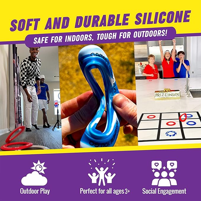 DiscGO! Game 9 Soft Silicone Discs, Play Indoor/Outdoor for Fun, Gift, Family, Camping, Parties, Tailgating, Team Building, Classroom, Portable Travel Games for Kids & Adults (Yellow, White & Purple)